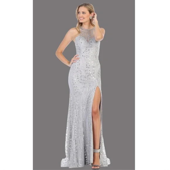 silver flare dress XJ Channing Glitter Silver Flare Gown – GlamEdge Dress & Gown main image 1